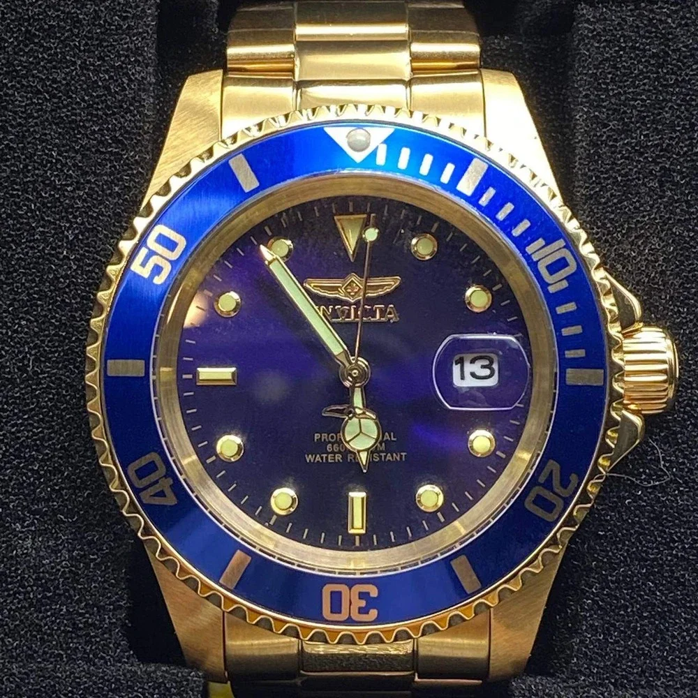 Invicta Pro Diver Men Watch Gold‎ Blue Dial 26974 Stainless Steel Quartz